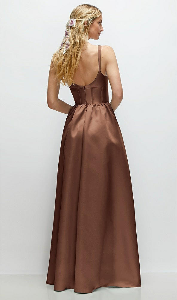 Back View - Cognac Scoop Neck Inset Corset Satin Maxi Dress with Pockets