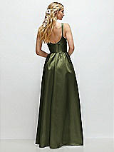 Rear View Thumbnail - Olive Green Scoop Neck Inset Corset Satin Maxi Dress with Pockets