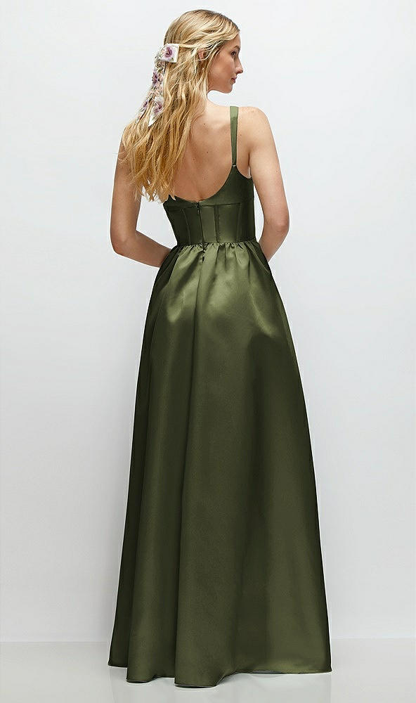 Back View - Olive Green Scoop Neck Inset Corset Satin Maxi Dress with Pockets
