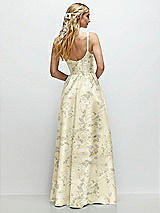 Rear View Thumbnail - Butter Yellow Floral Scoop Neck Inset Corset Floral Satin Maxi Dress with Pockets