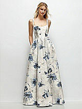 Front View Thumbnail - Inkwash Blue Floral Scoop Neck Inset Corset Floral Satin Maxi Dress with Pockets