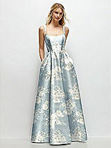 Front View Thumbnail - Porcelain Blue Seraphina Floral Scoop Neck Inset Corset Floral Satin Maxi Dress with Pockets