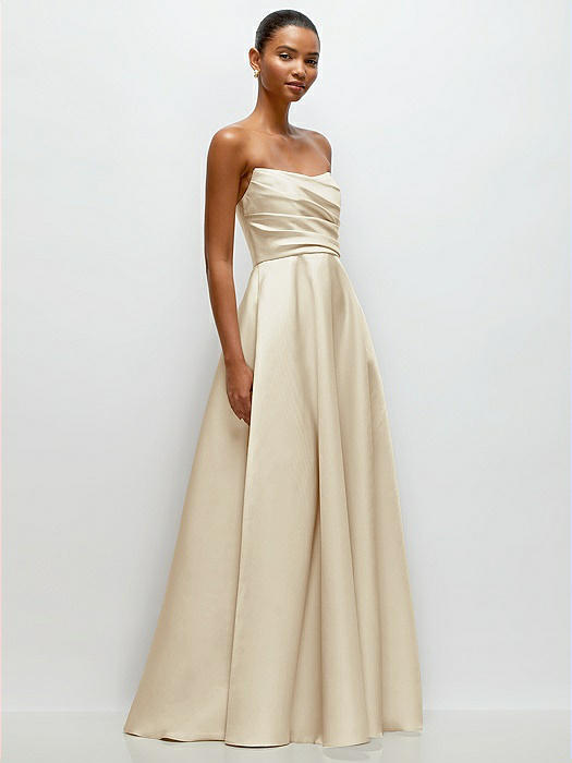 Strapless Draped Cat-Eye Satin Maxi Dress with Full Skirt