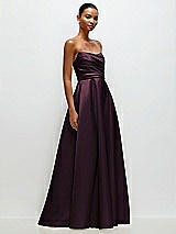 Front View Thumbnail - Deep Plum Strapless Draped Cat-Eye Satin Maxi Dress with Full Skirt
