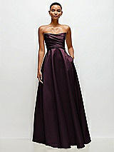 Side View Thumbnail - Deep Plum Strapless Draped Cat-Eye Satin Maxi Dress with Full Skirt