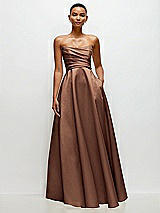 Side View Thumbnail - Cognac Strapless Draped Cat-Eye Satin Maxi Dress with Full Skirt