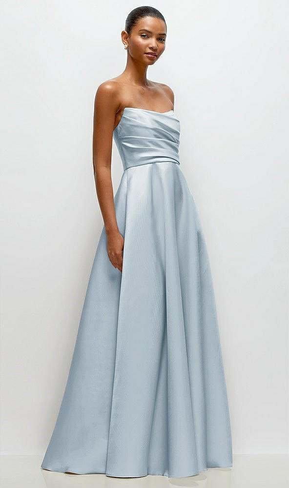 Front View - Mist Strapless Draped Cat-Eye Satin Maxi Dress with Full Skirt