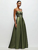 Front View Thumbnail - Olive Green Strapless Draped Cat-Eye Satin Maxi Dress with Full Skirt