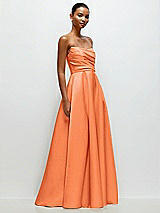 Front View Thumbnail - Portofino Orange Strapless Draped Cat-Eye Satin Maxi Dress with Full Skirt