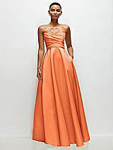 Side View Thumbnail - Portofino Orange Strapless Draped Cat-Eye Satin Maxi Dress with Full Skirt