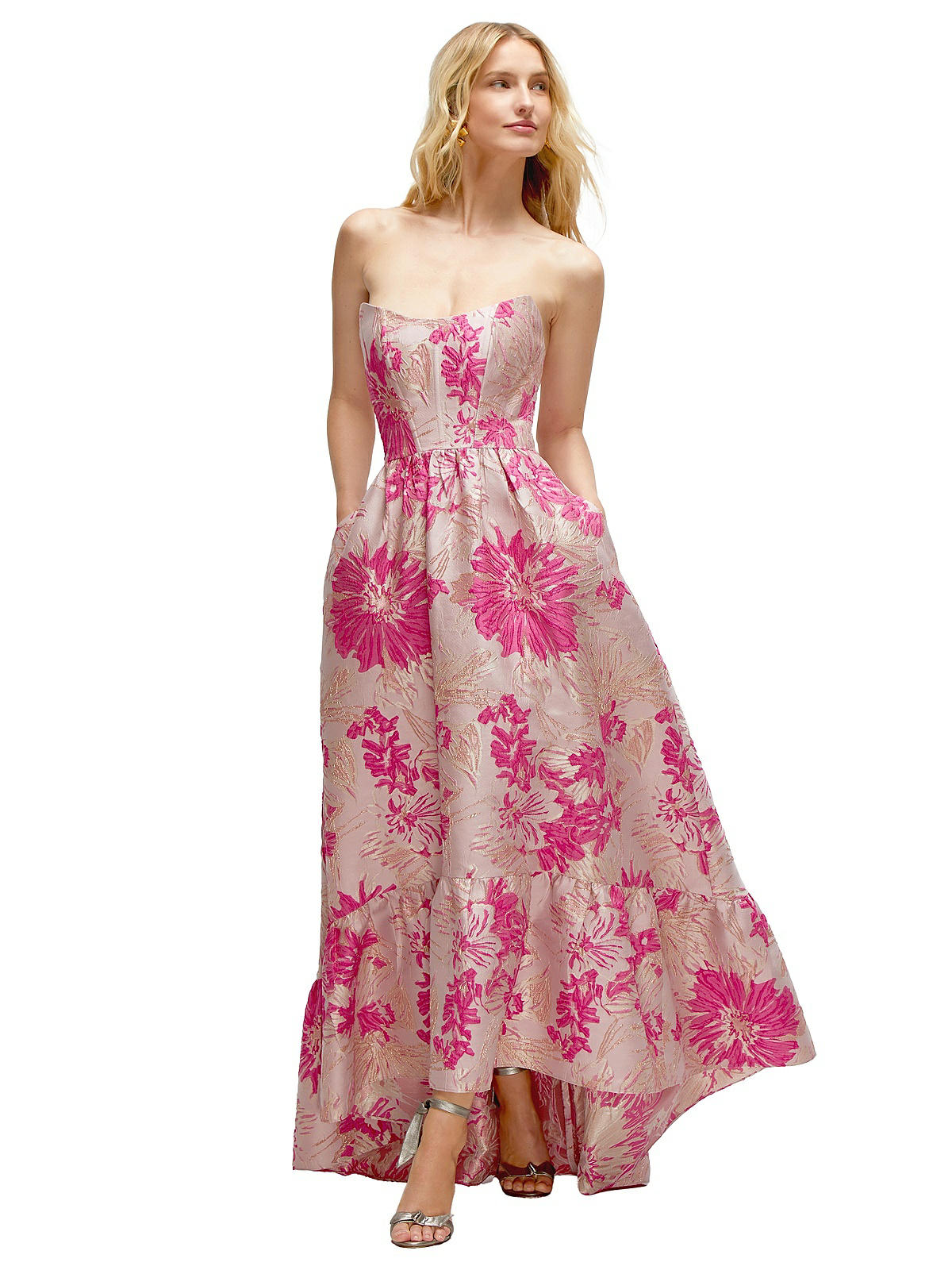 Strapless Cat-eye Corset Hibiscus Pink Floral Jacquard High-low