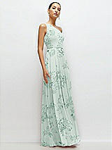 Side View Thumbnail - Mint Green Floral Chiffon One-Shoulder Maxi Dress with Circle Skirt