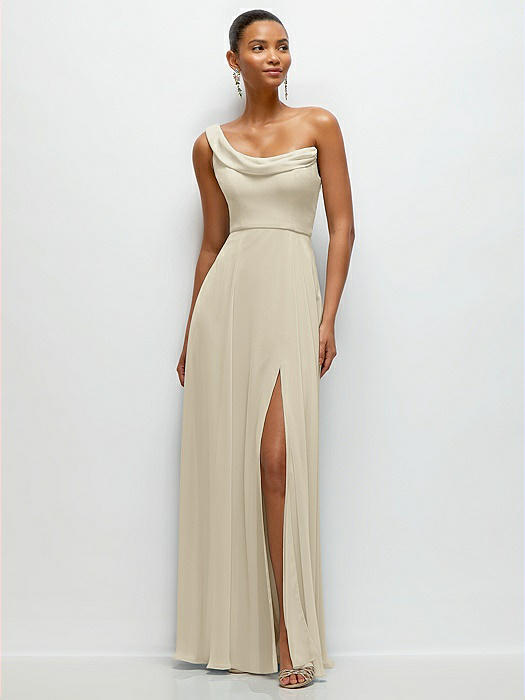 Chiffon One-Shoulder Maxi Dress with Draped Cowl Neckline