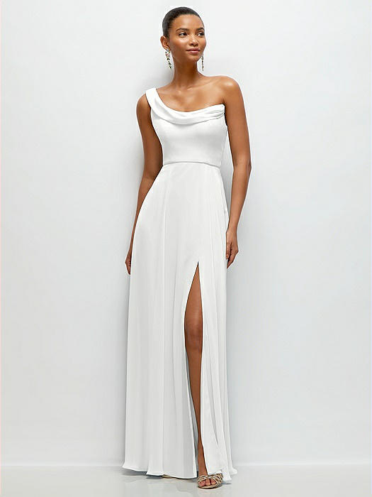 Chiffon One-Shoulder Maxi Dress with Draped Cowl Neckline