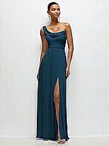 Front View Thumbnail - Atlantic Blue Chiffon One-Shoulder Maxi Dress with Draped Cowl Neckline