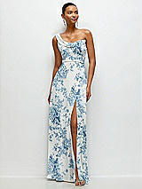 Front View Thumbnail - Cottage Rose Dusk Blue Chiffon One-Shoulder Maxi Dress with Draped Cowl Neckline