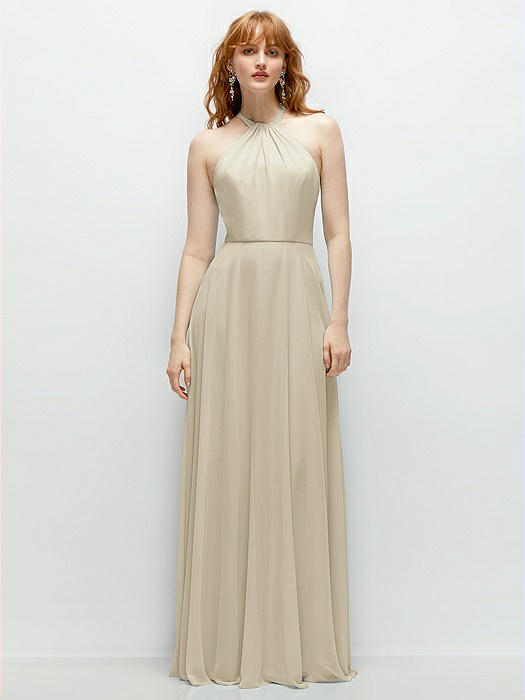 Shirred Halter Chiffon Maxi Dress with Back Sash-Tie Closure