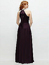 Rear View Thumbnail - Deep Plum Shirred Halter Chiffon Maxi Dress with Back Sash-Tie Closure