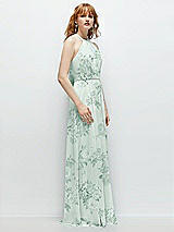 Side View Thumbnail - Mint Green Floral Shirred Halter Chiffon Maxi Dress with Back Sash-Tie Closure