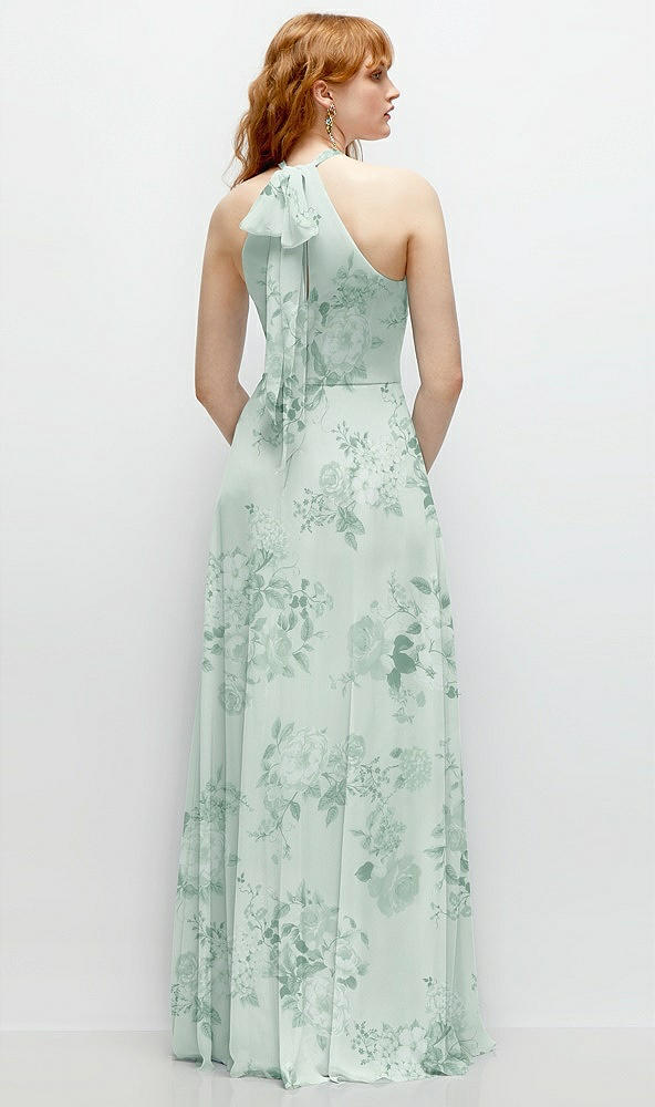 Back View - Mint Green Floral Shirred Halter Chiffon Maxi Dress with Back Sash-Tie Closure