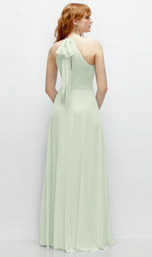 Back View - Mint Green Shirred Halter Chiffon Maxi Dress with Back Sash-Tie Closure