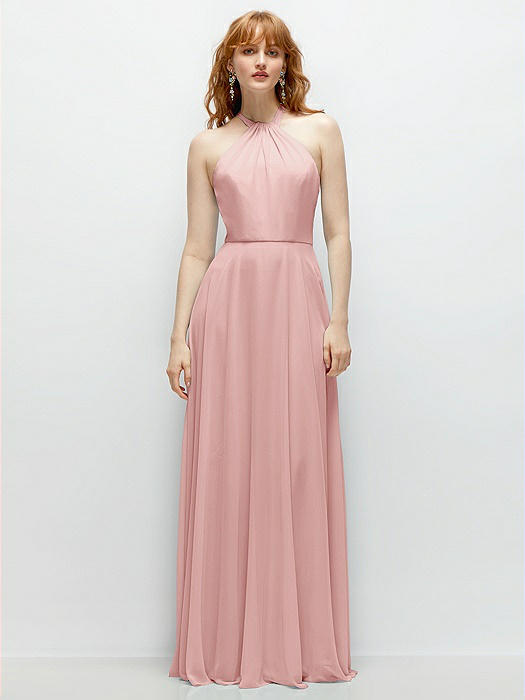 Shirred Halter Chiffon Maxi Dress with Back Sash-Tie Closure