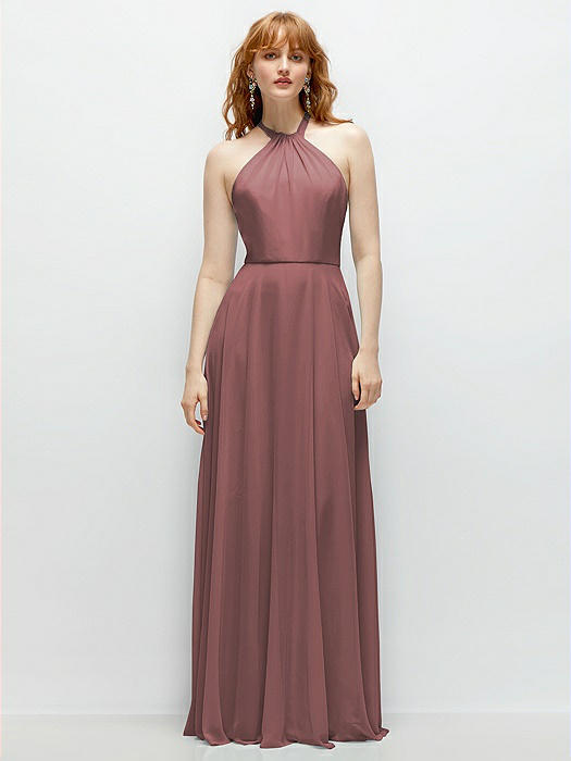 Shirred Halter Chiffon Maxi Dress with Back Sash-Tie Closure