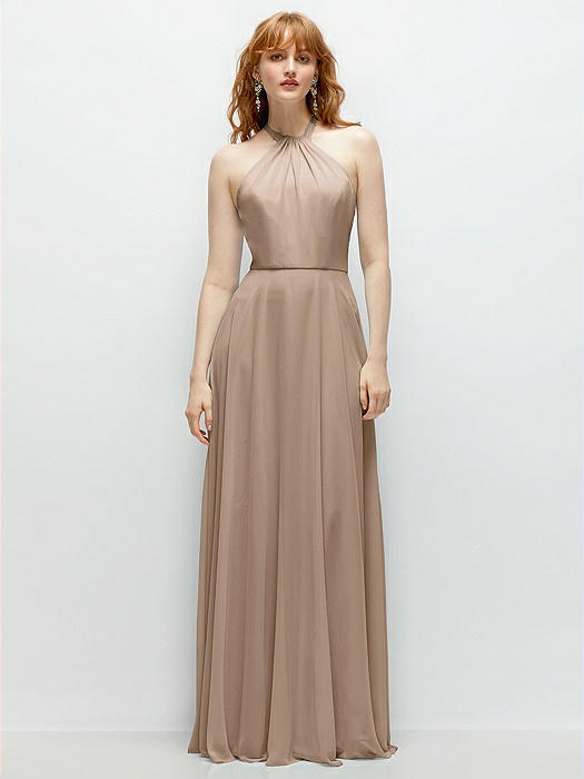 Shirred Halter Chiffon Maxi Dress with Back Sash-Tie Closure