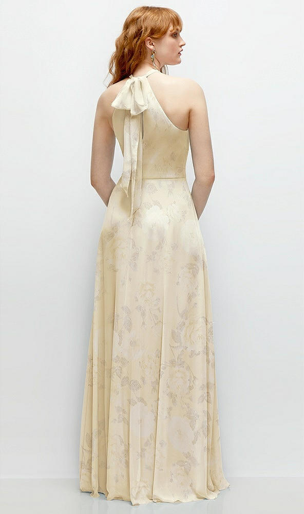 Back View - Butter Yellow Floral Shirred Halter Chiffon Maxi Dress with Back Sash-Tie Closure
