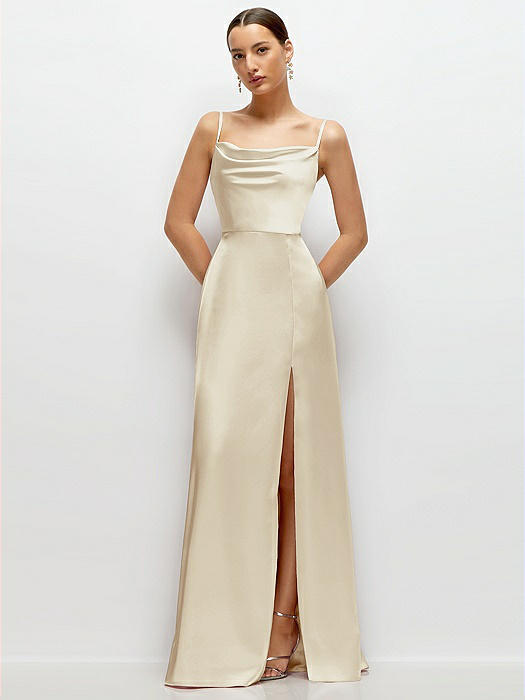 Cowl Neck Satin Maxi Dress with Adjustable Spaghetti Straps