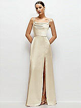 Front View Thumbnail - Champagne Cowl Neck Satin Maxi Dress with Adjustable Spaghetti Straps