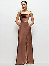 Front View Thumbnail - Cognac Cowl Neck Satin Maxi Dress with Adjustable Spaghetti Straps
