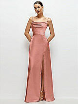 Front View Thumbnail - Desert Rose Cowl Neck Satin Maxi Dress with Adjustable Spaghetti Straps