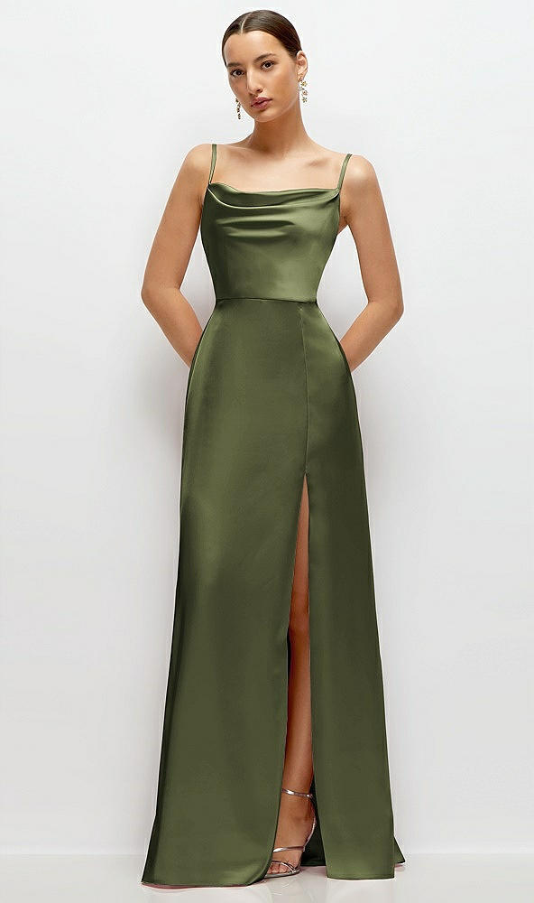 Front View - Olive Green Cowl Neck Satin Maxi Dress with Adjustable Spaghetti Straps