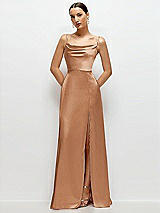 Front View Thumbnail - Toffee Cowl Neck Satin Maxi Dress with Adjustable Spaghetti Straps