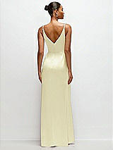 Rear View Thumbnail - Butter Yellow Pleated Faux Wrap Satin Maxi Dress with Adjustable Spaghetti Straps