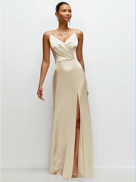 Pleated Faux Wrap Satin Maxi Dress with Adjustable Spaghetti Straps
