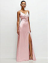 Side View Thumbnail - Ballet Pink Pleated Faux Wrap Satin Maxi Dress with Adjustable Spaghetti Straps