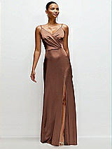 Front View Thumbnail - Cognac Pleated Faux Wrap Satin Maxi Dress with Adjustable Spaghetti Straps