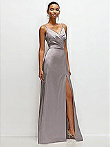Side View Thumbnail - Cashmere Gray Pleated Faux Wrap Satin Maxi Dress with Adjustable Spaghetti Straps