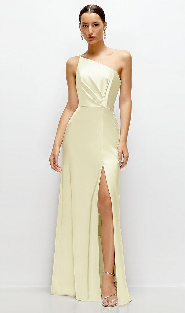 Front View - Butter Yellow Pleated One-Shoulder Satin Maxi Dress with A-Line Skirt