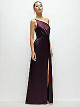 Side View Thumbnail - Deep Plum Pleated One-Shoulder Satin Maxi Dress with A-Line Skirt