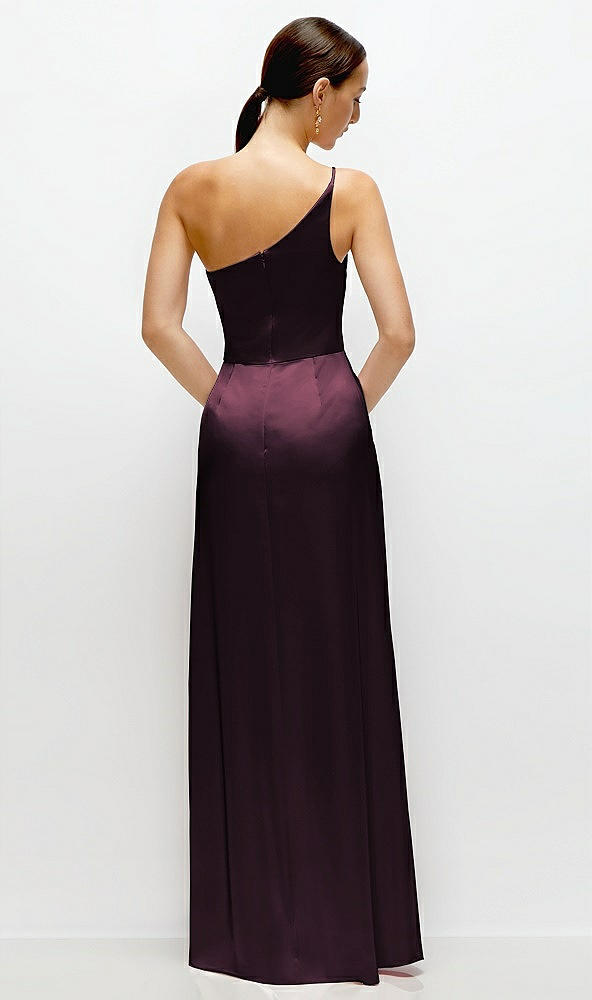Back View - Deep Plum Pleated One-Shoulder Satin Maxi Dress with A-Line Skirt