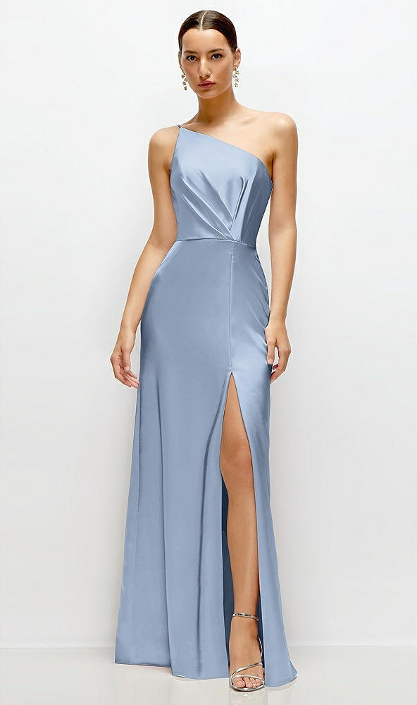 Front View - Cloudy Pleated One-Shoulder Satin Maxi Dress with A-Line Skirt