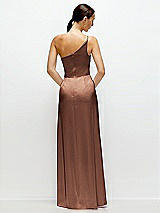 Rear View Thumbnail - Cognac Pleated One-Shoulder Satin Maxi Dress with A-Line Skirt