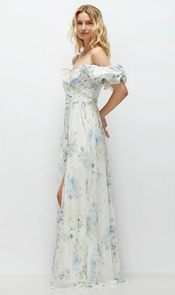 Back View - Bleu Garden Dramatic Ruffle Edge Strap Chiffon Maxi Dress