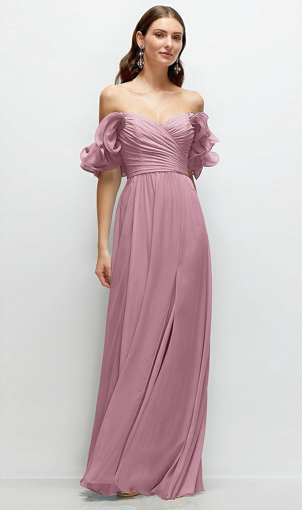 Front View - Dusty Pink Dramatic Ruffle Edge Strap Chiffon Maxi Dress