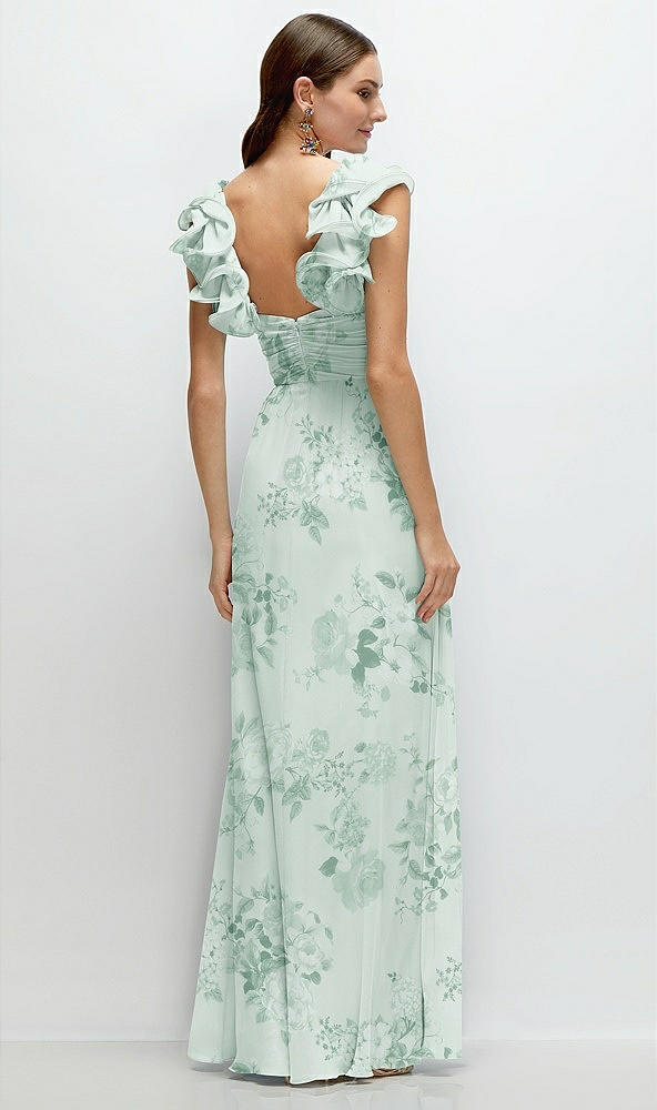 Back View - Mint Green Floral Dramatic Ruffle Edge Strap Chiffon Maxi Dress