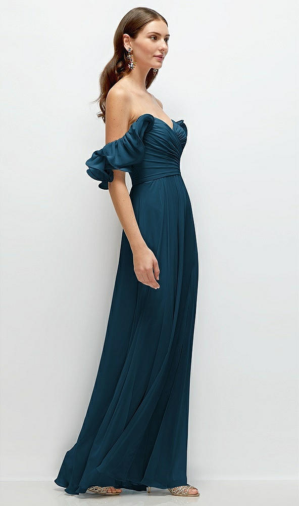 Back View - Atlantic Blue Dramatic Ruffle Edge Strap Chiffon Maxi Dress