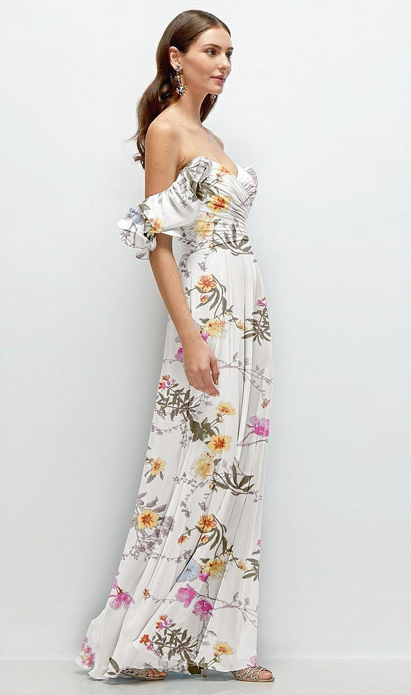 Back View - Butterfly Botanica Ivory Dramatic Ruffle Edge Strap Chiffon Maxi Dress